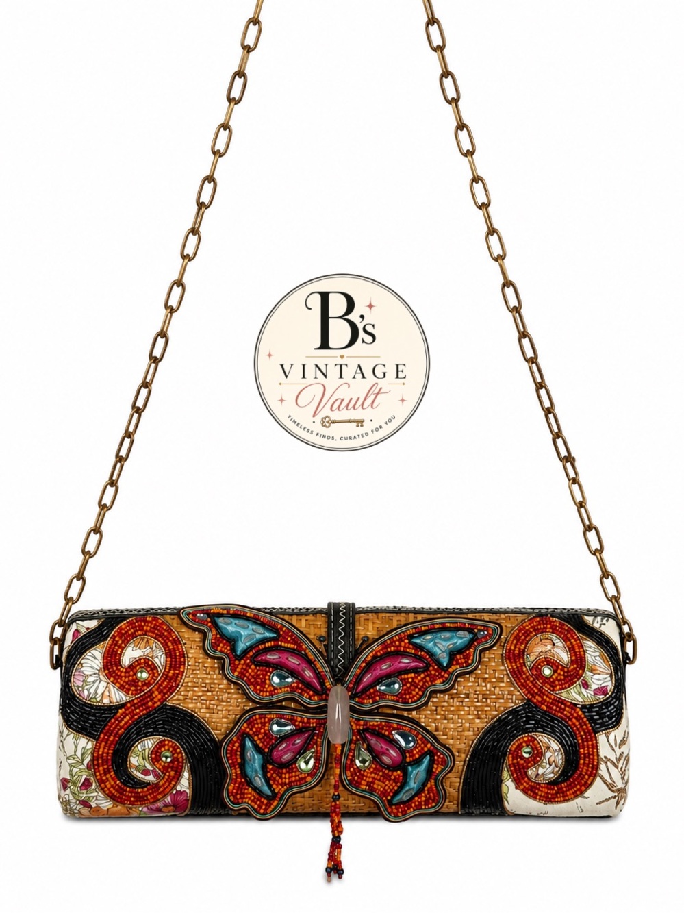 Mary Frances “Social Butterfly” Wicker/Rattan Clutch- 2007 Vintage Beaded Bag